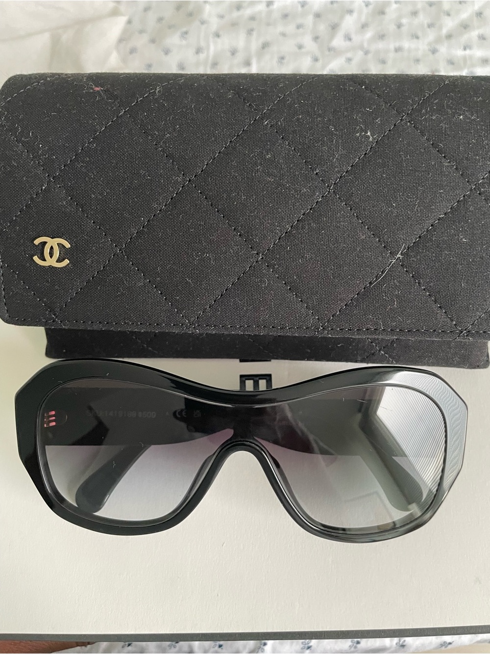 CHANEL Black Shield Sunglasses with Quilted Logo Case